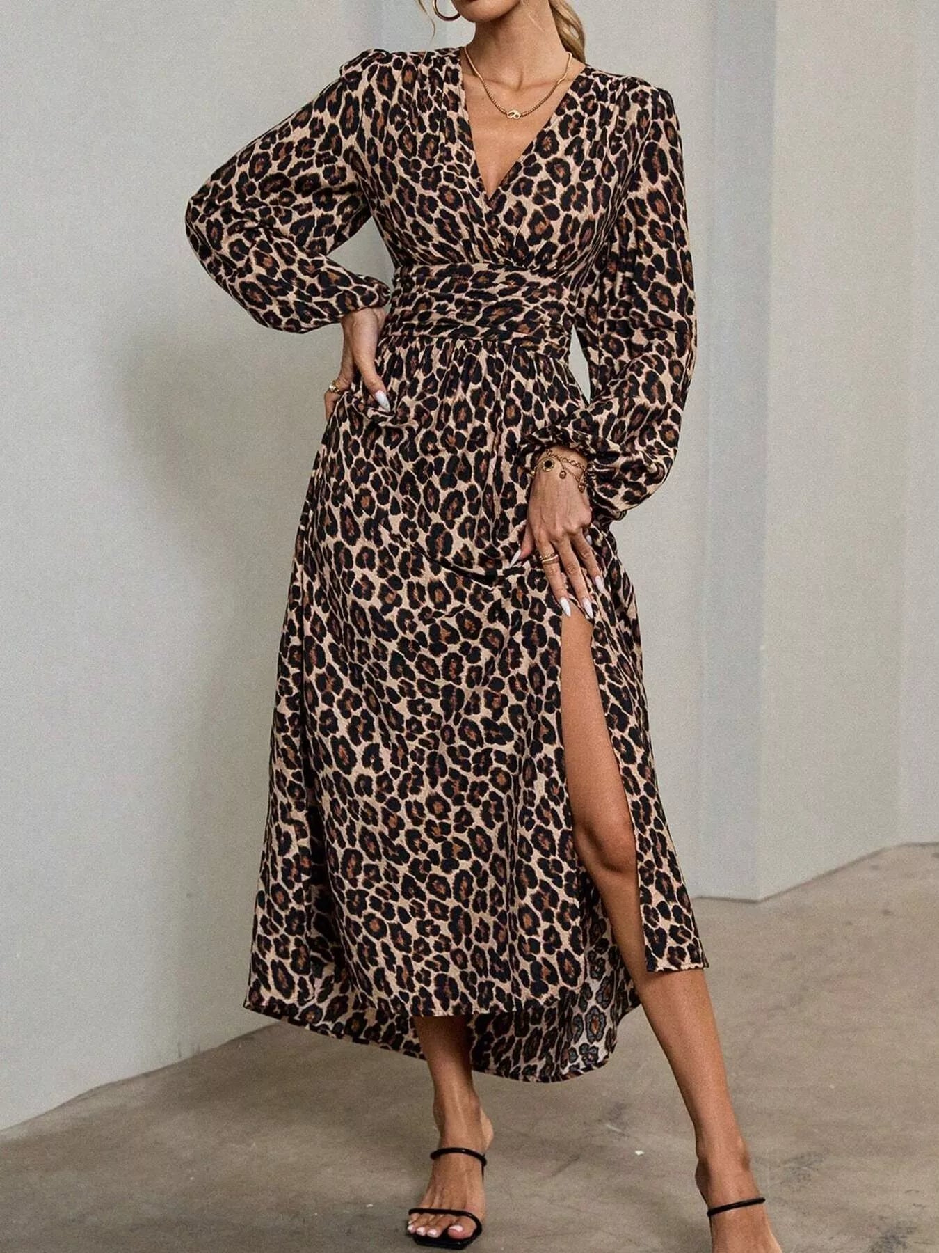 Slit Balloon Sleeve Midi Dress