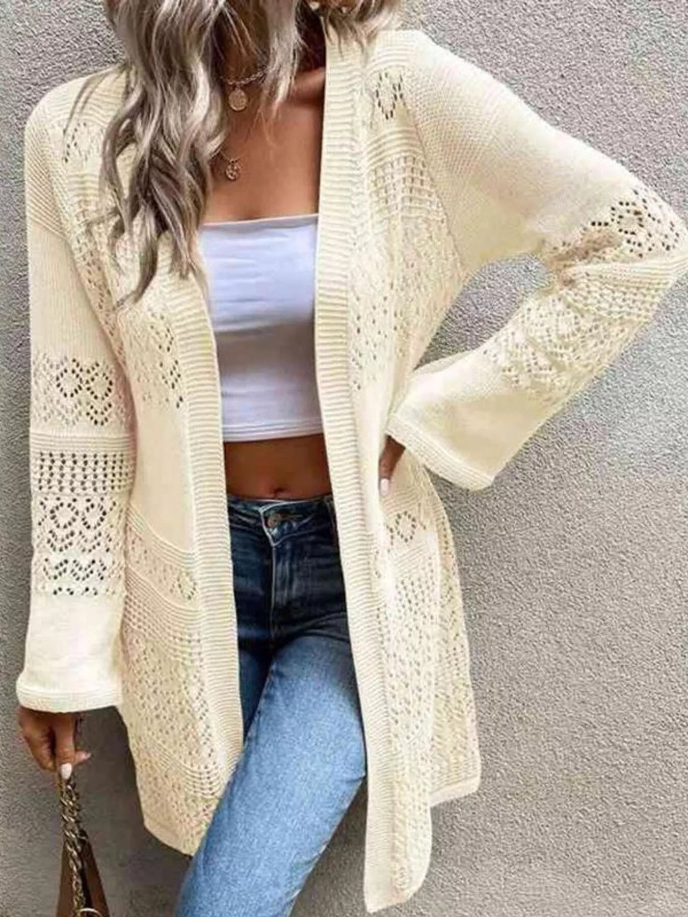 Openwork Open Front Knit Cardigan