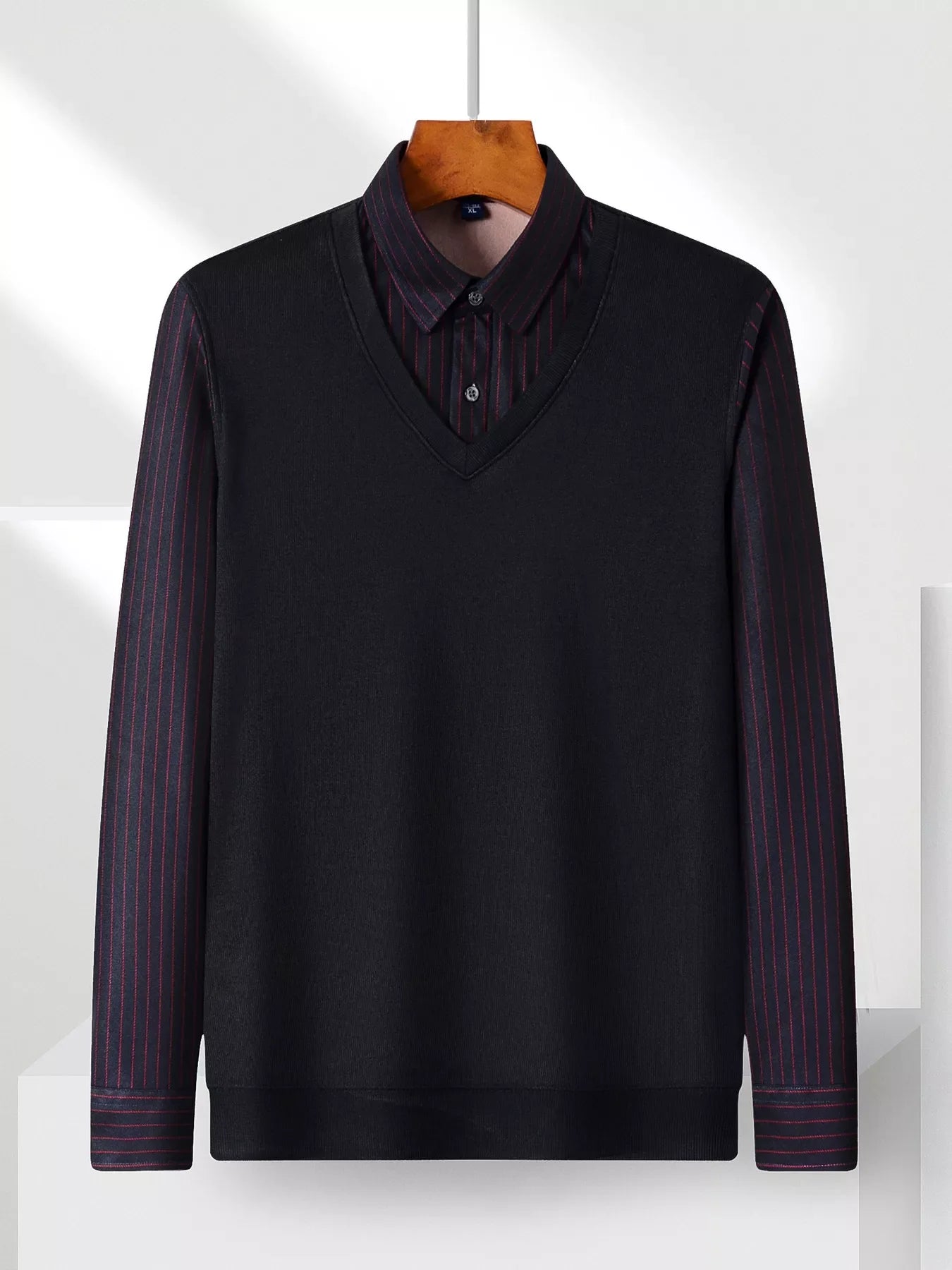 Men's Plus Size Striped Long Sleeve Fake Two-Piece Knit Top