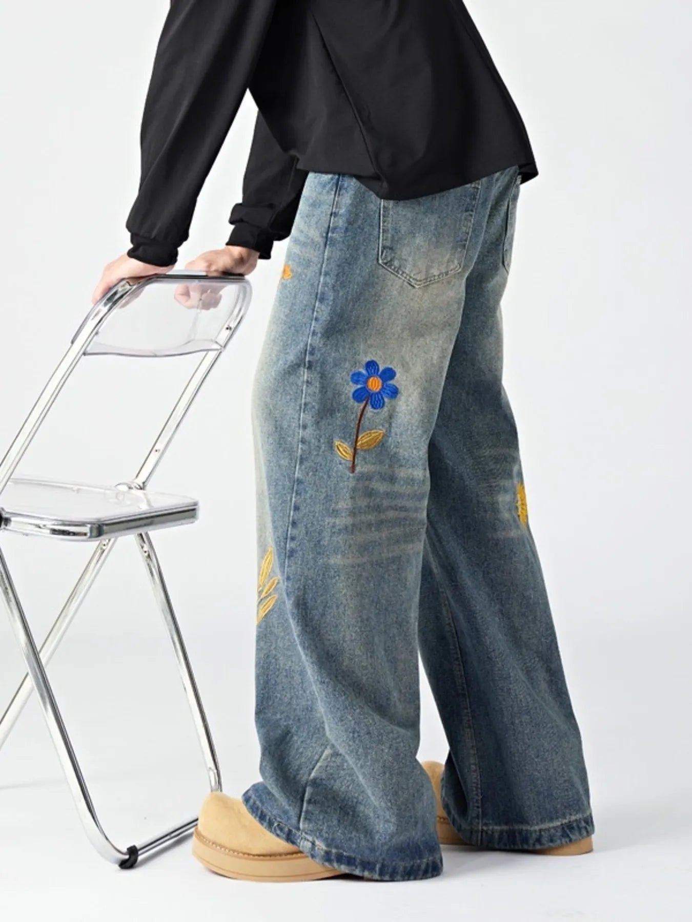 Men's Plus Size Floral Wide Leg Jeans