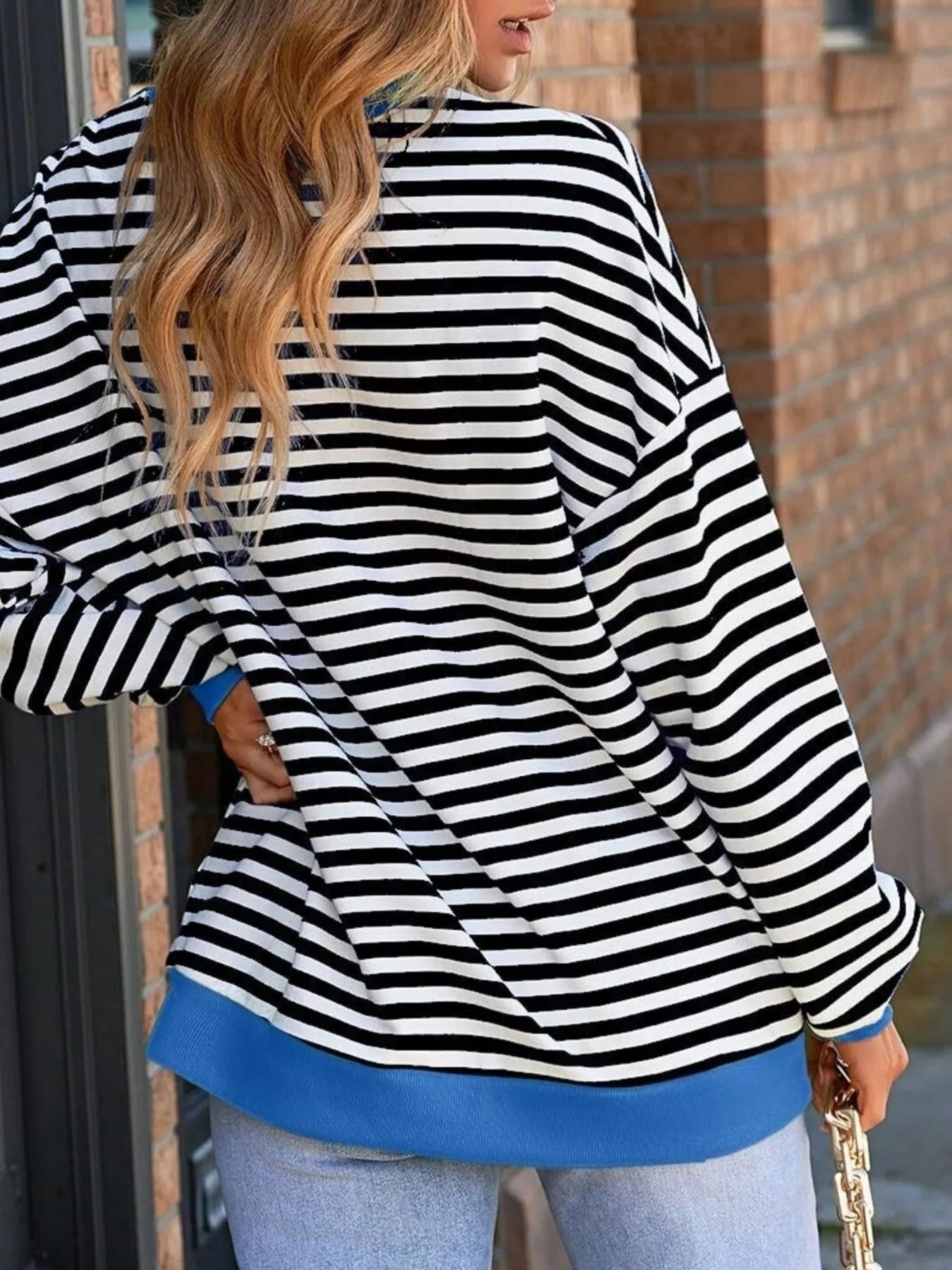 Striped Round Neck Dropped Shoulder Sweatshirt
