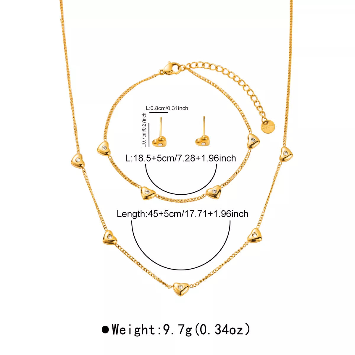 18K Gold-Plated Heart Earrings & Bracelet and Necklace Jewelry Set