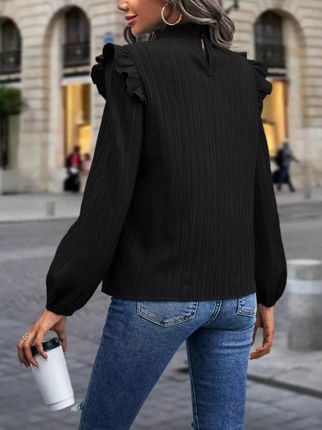 Ruffle Trim Long Sleeve Blouse