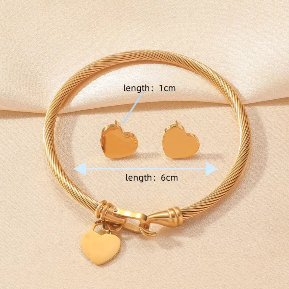 18K Gold-Plated Heart Earrings and Bracelet Jewelry Set