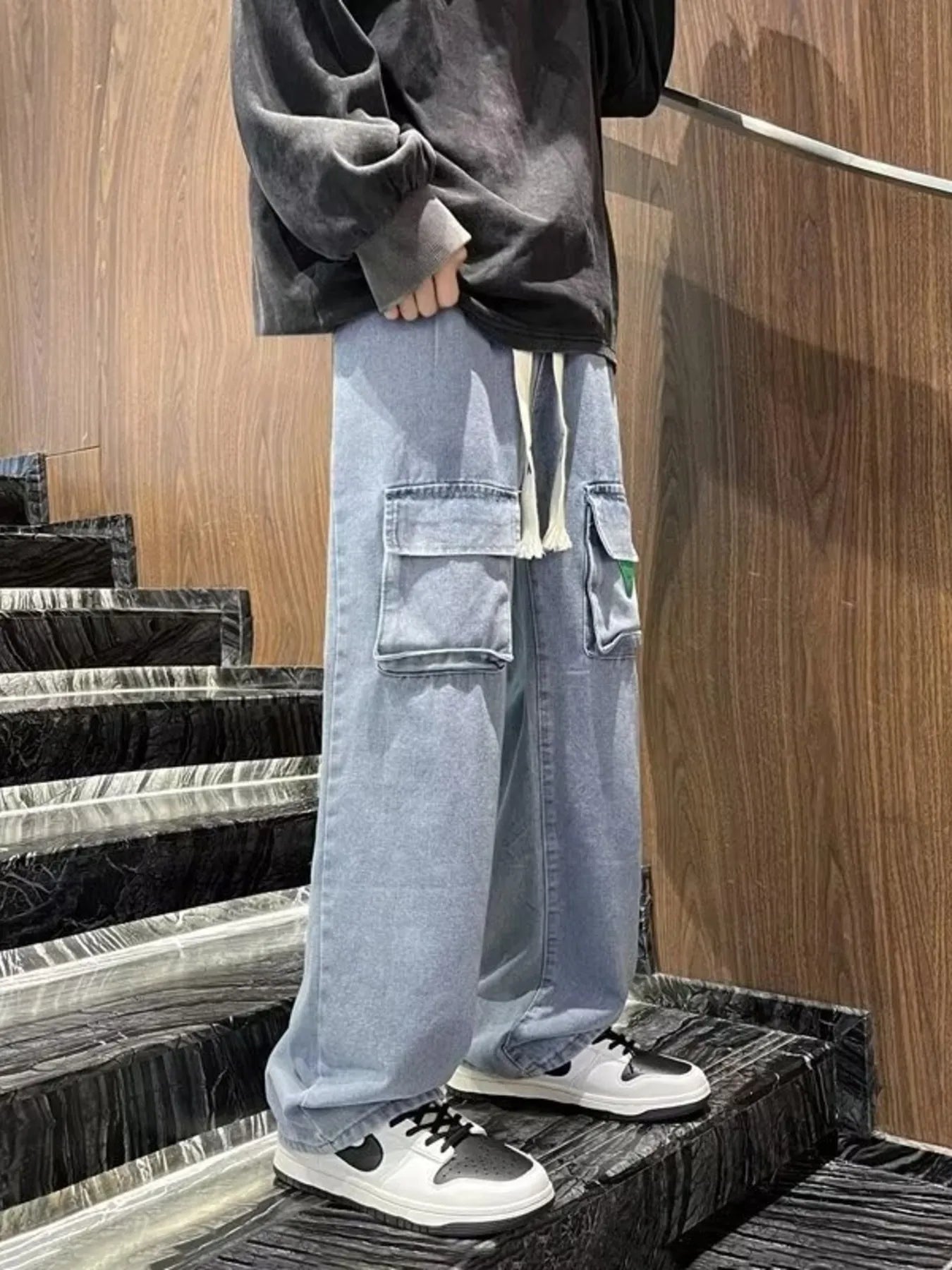 Men's Full Size Vintage Washed Wide Leg Cargo Jeans Plus Size