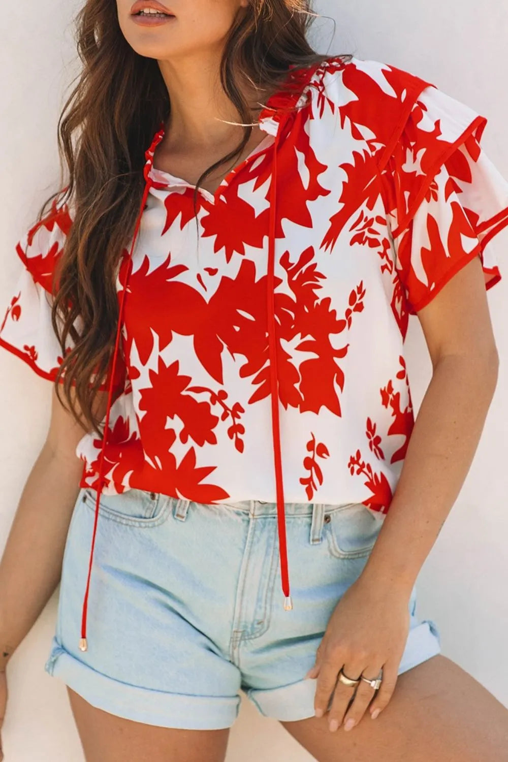 Plant Print Tiered Ruffled Sleeve Tie Neck Blouse
