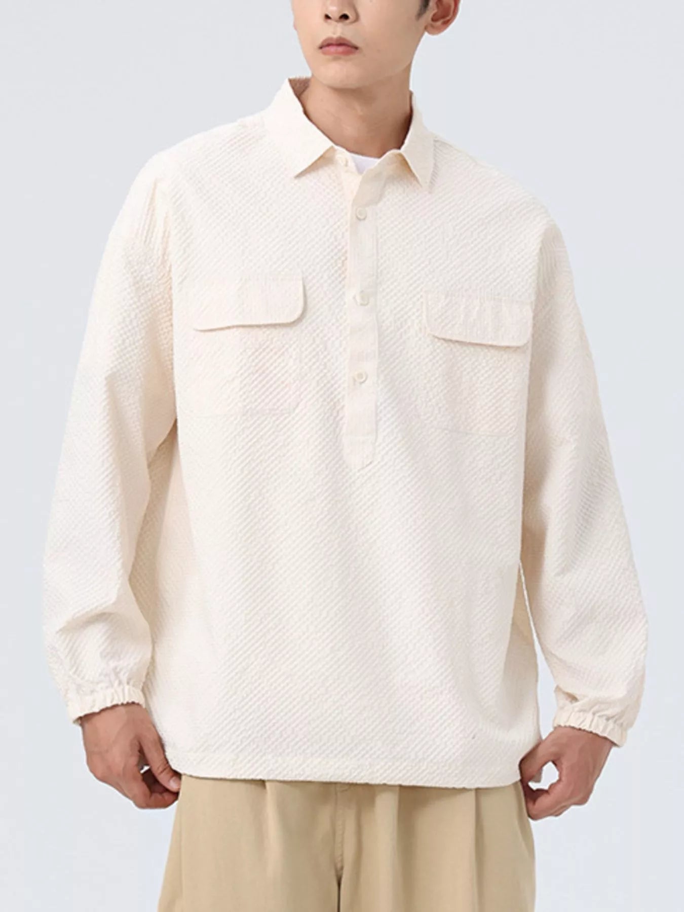 Men's Plus Size Button Detail Textured Relaxed Fit Polo