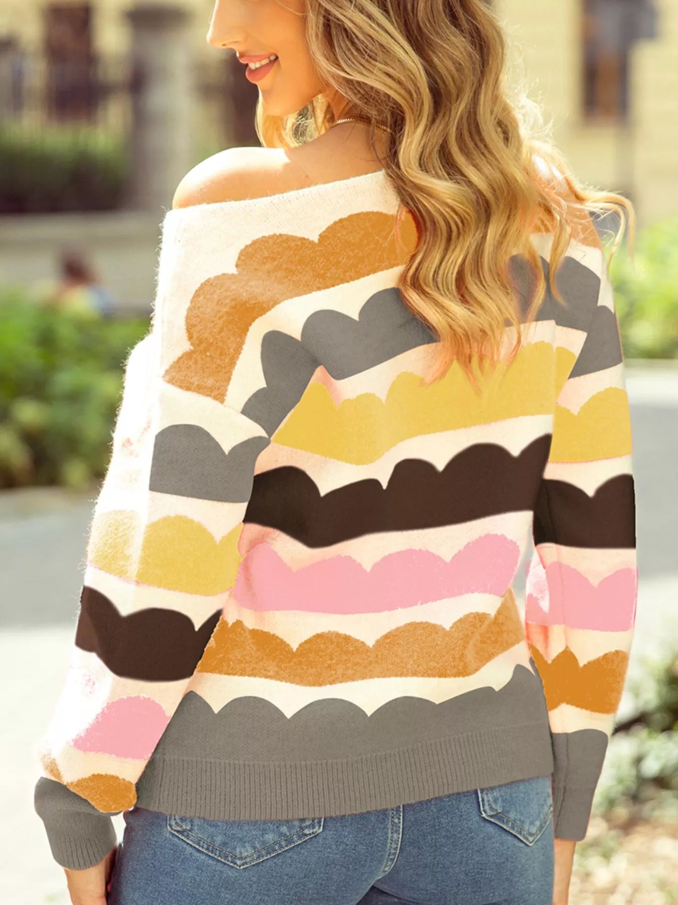 Wave Striped Balloon Sleeve Drop Shoulder Sweater