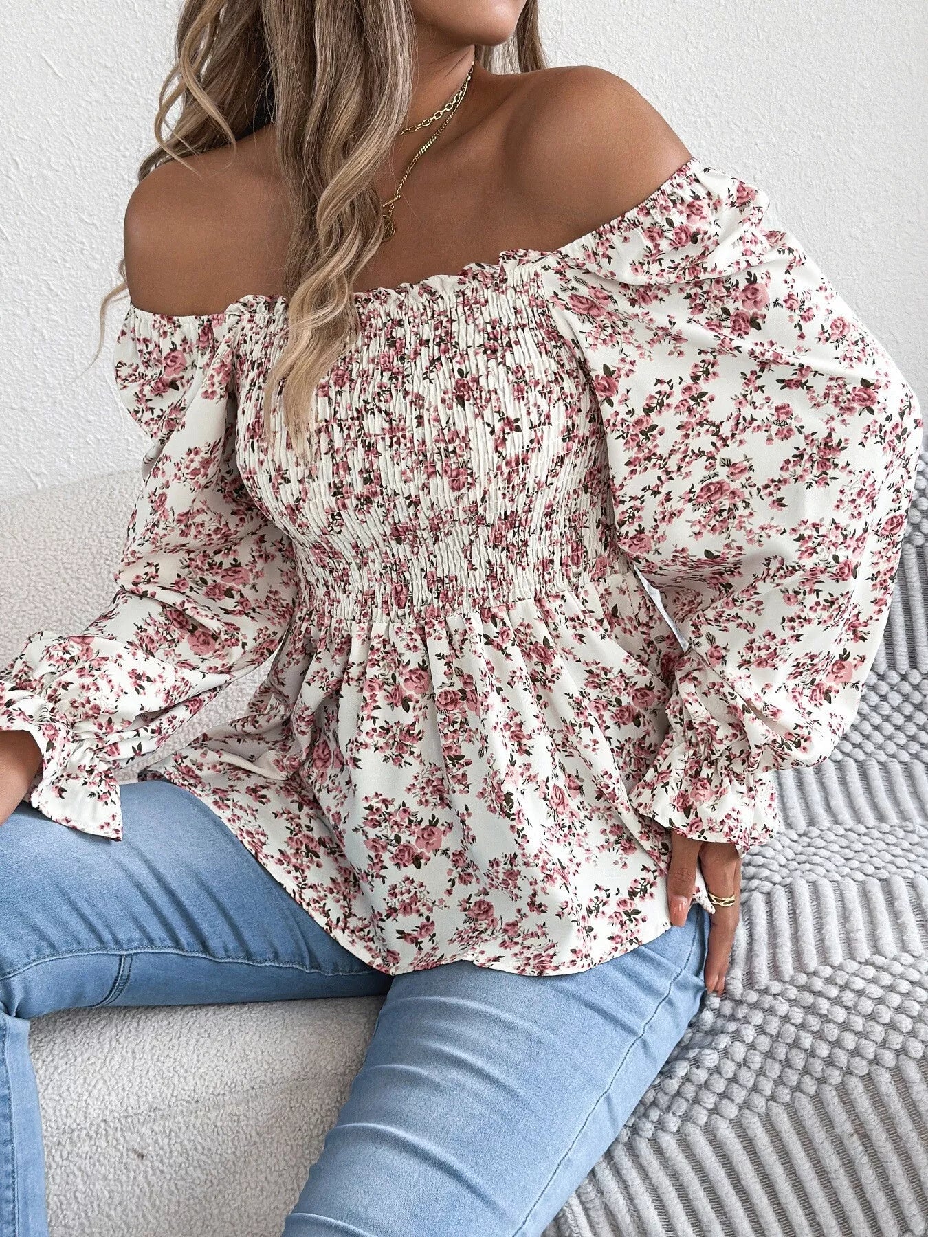 Full Size Floral Print Smocked Long Sleeve Blouse Plus Size