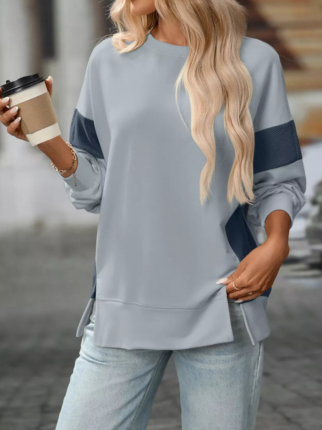 Side Slit Round Neck Sweatshirt