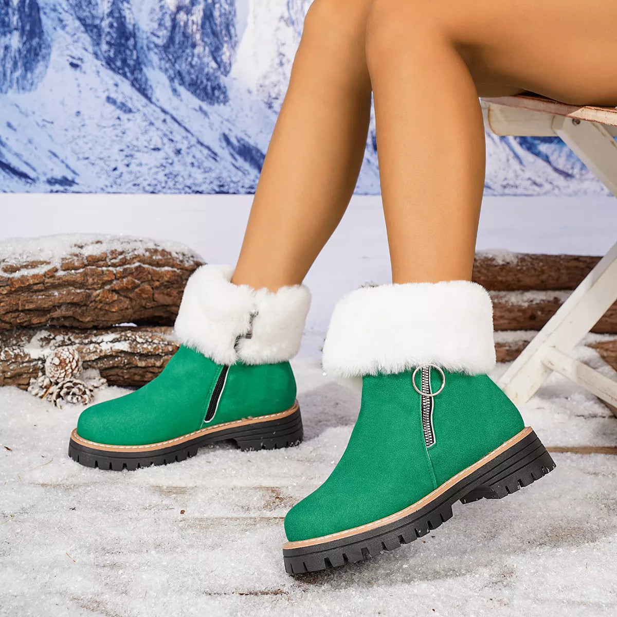 Fuzzy Ankle Boots with Zipper Detail