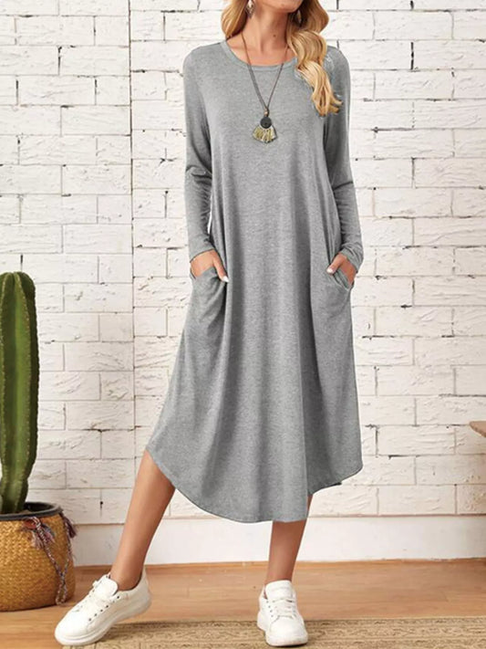Casual Long Sleeve Pocket Midi Dress