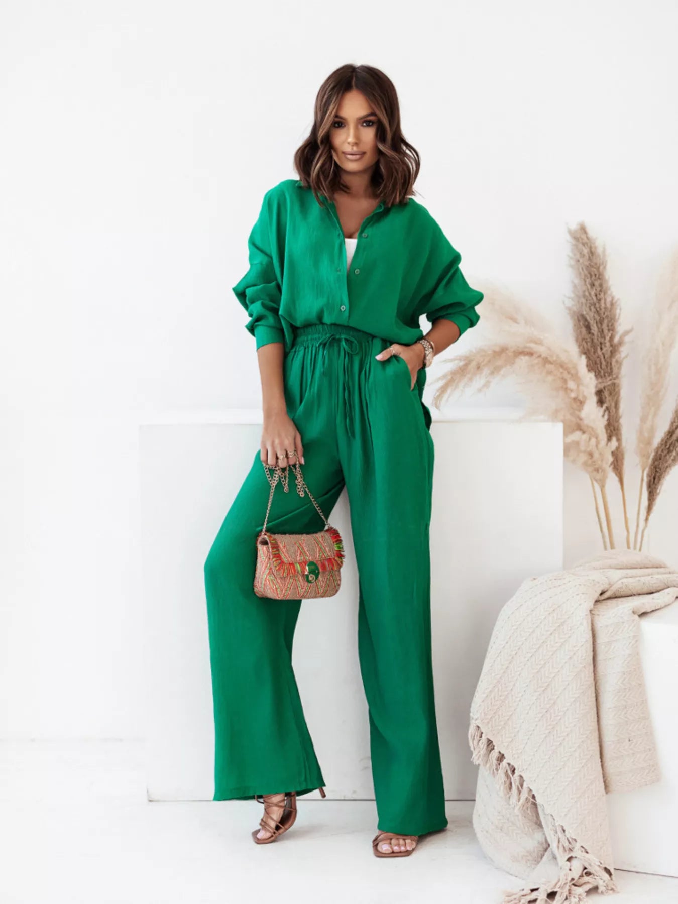 Full Size Button Up Shirt and Pants Set Plus Size