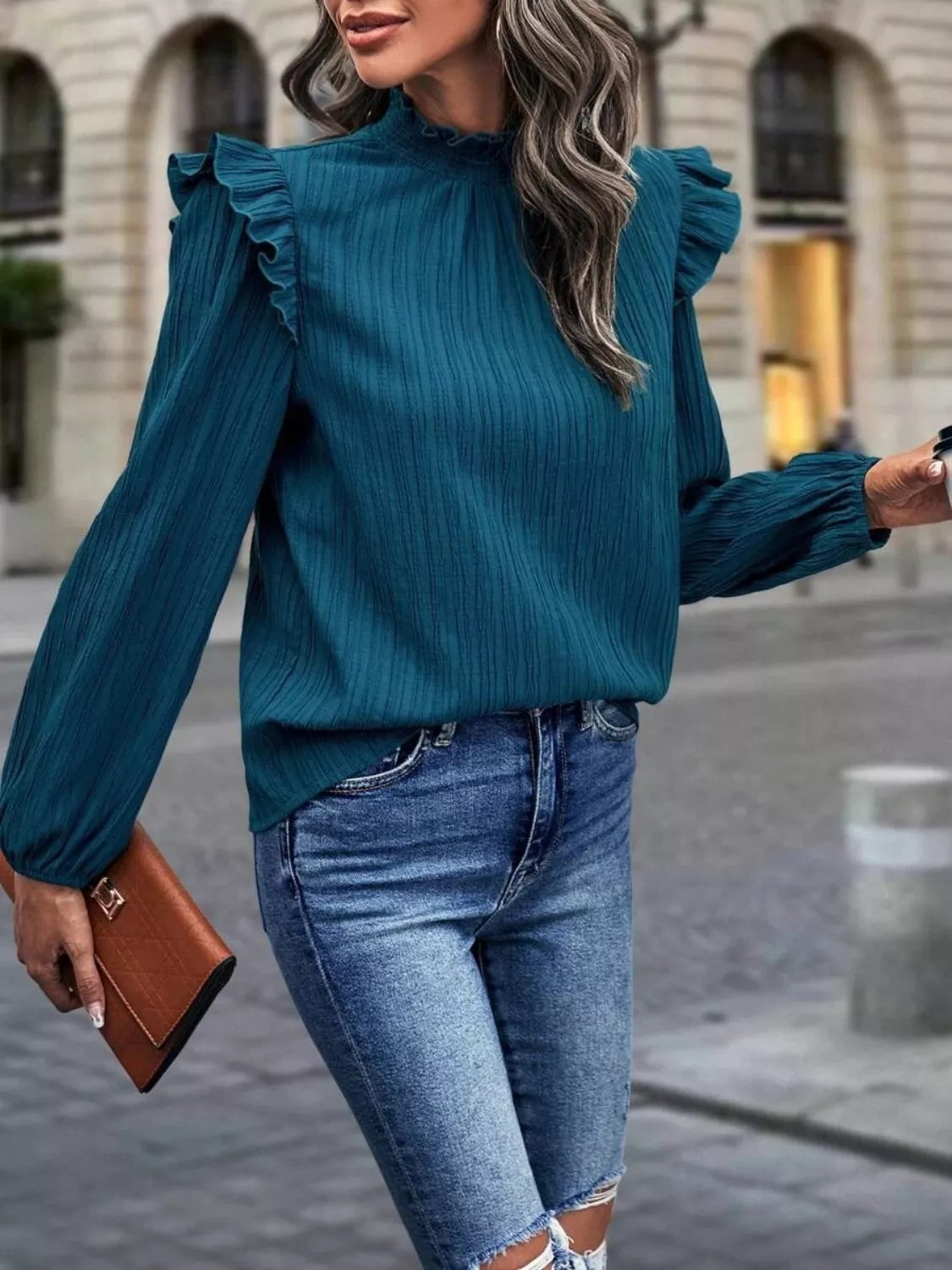Ruffle Trim Long Sleeve Blouse