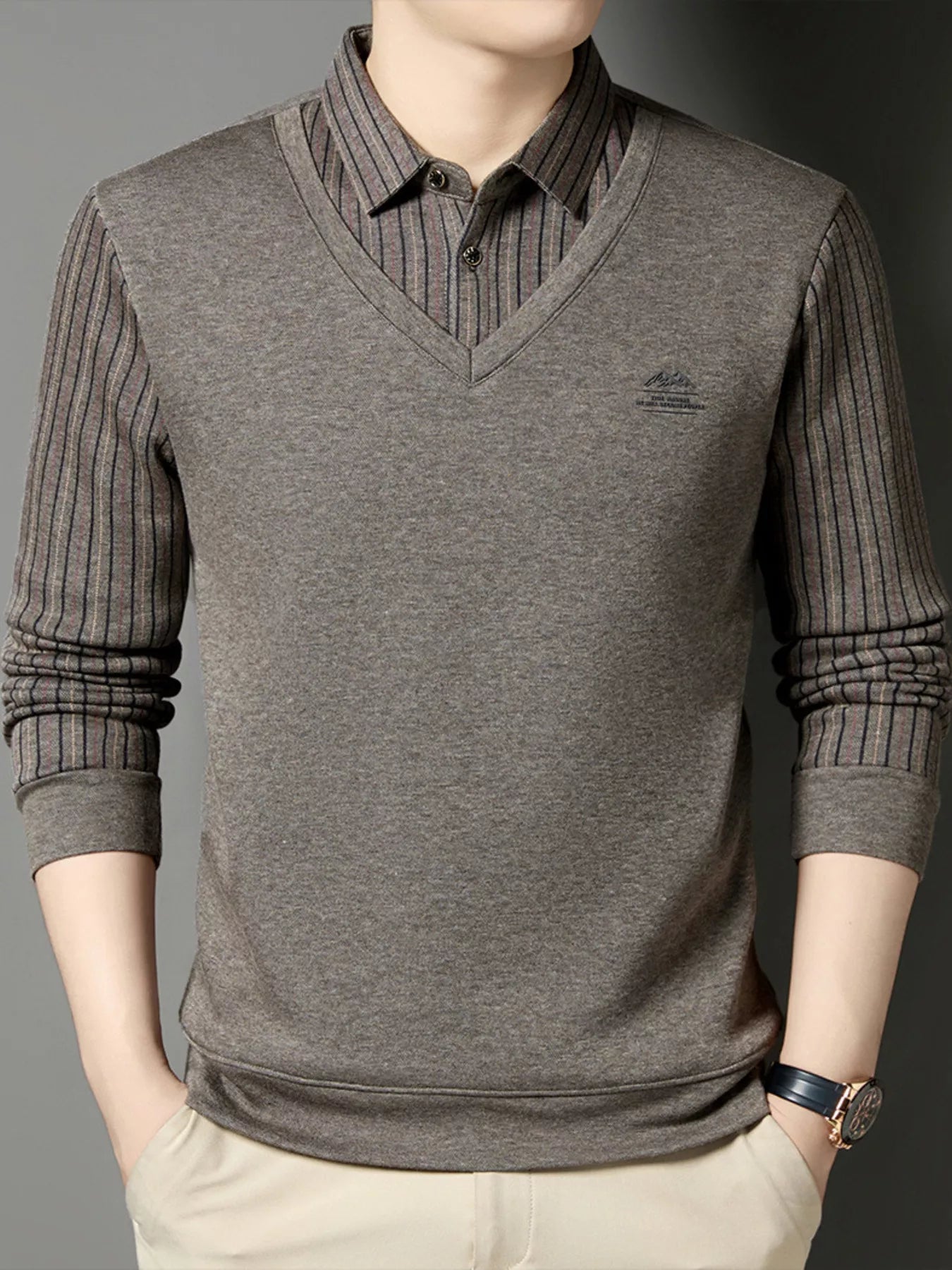 Men's Plus Size Striped Long Sleeve Polo