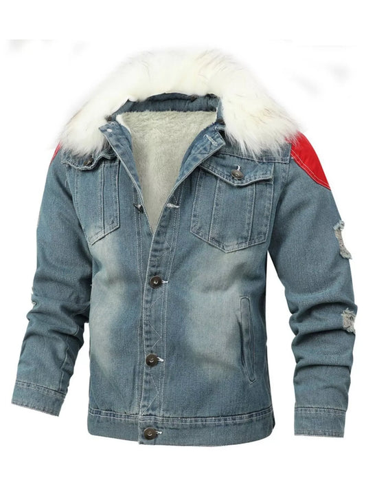 Men's Full Size Faux Fur Collar Denim Jacket Plus Size
