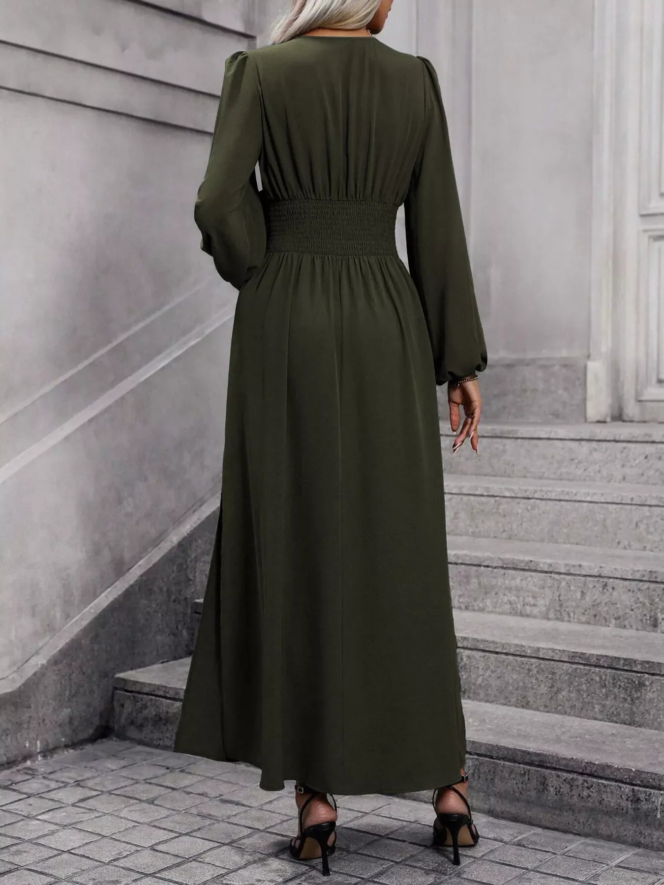 Slit Balloon Sleeve Midi Dress