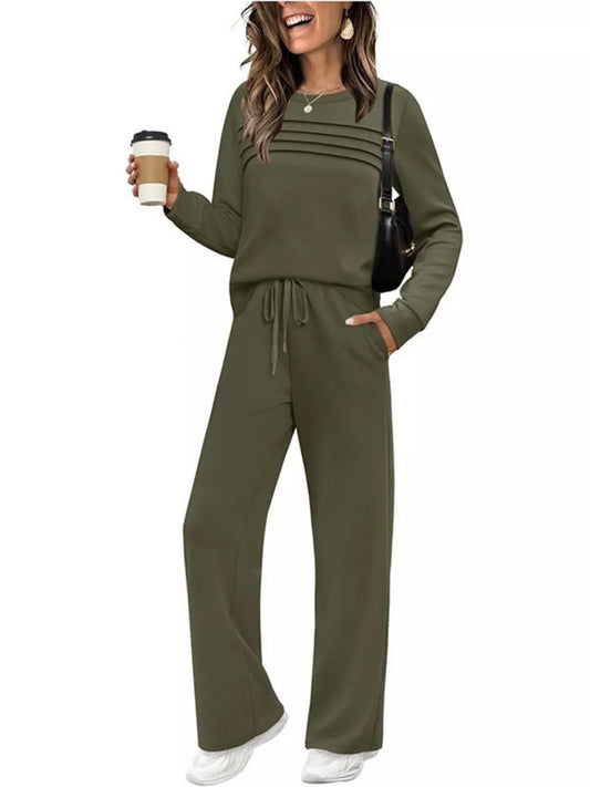 Full Size Long Sleeve Round Neck Top and Pants Set Plus Size