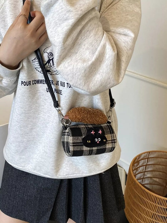 Plaid Pattern Plush Trim Crossbody Bag