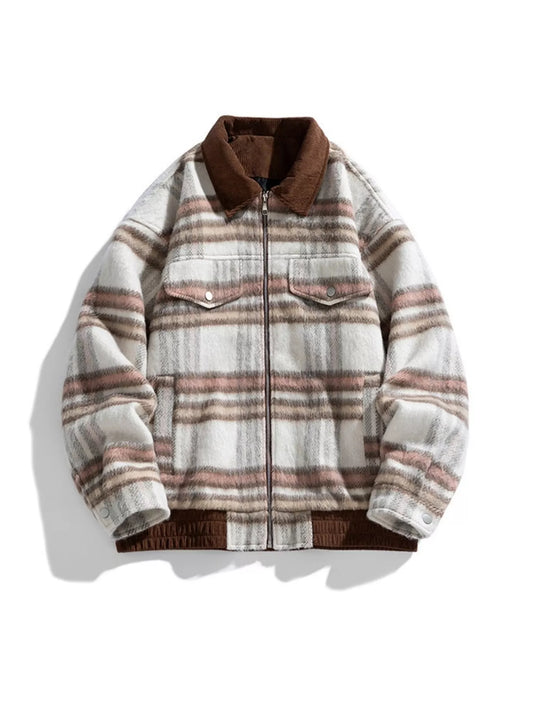 Men's Plus Size Vintage Plaid Corduroy Collar Zip-Up Jacket