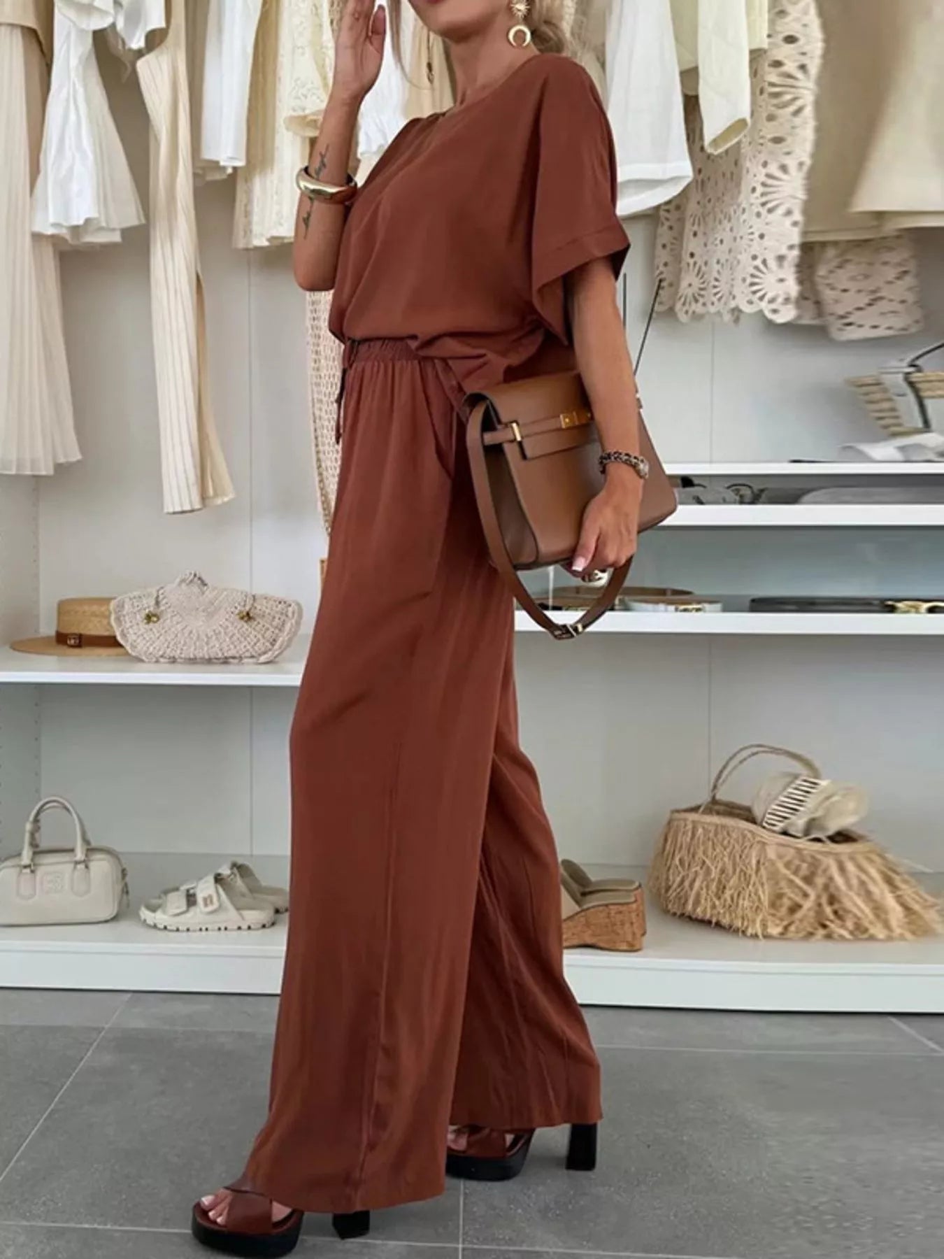 Full Size Casual Loose Round Neck Top and Pants Two-Piece Set Plus Size