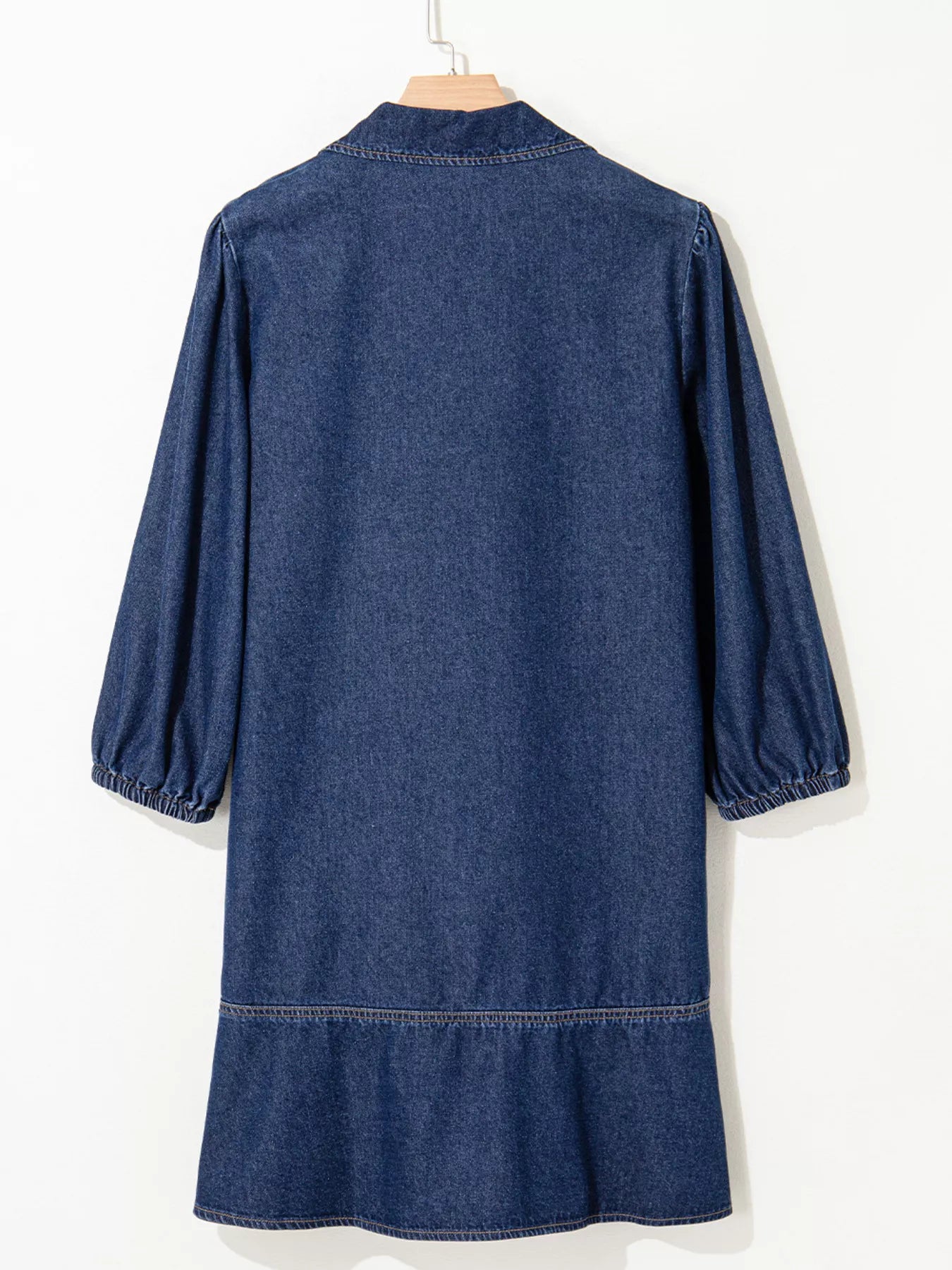 V Neck Collared Single Chest Pocket Long Sleeve Denim Dress