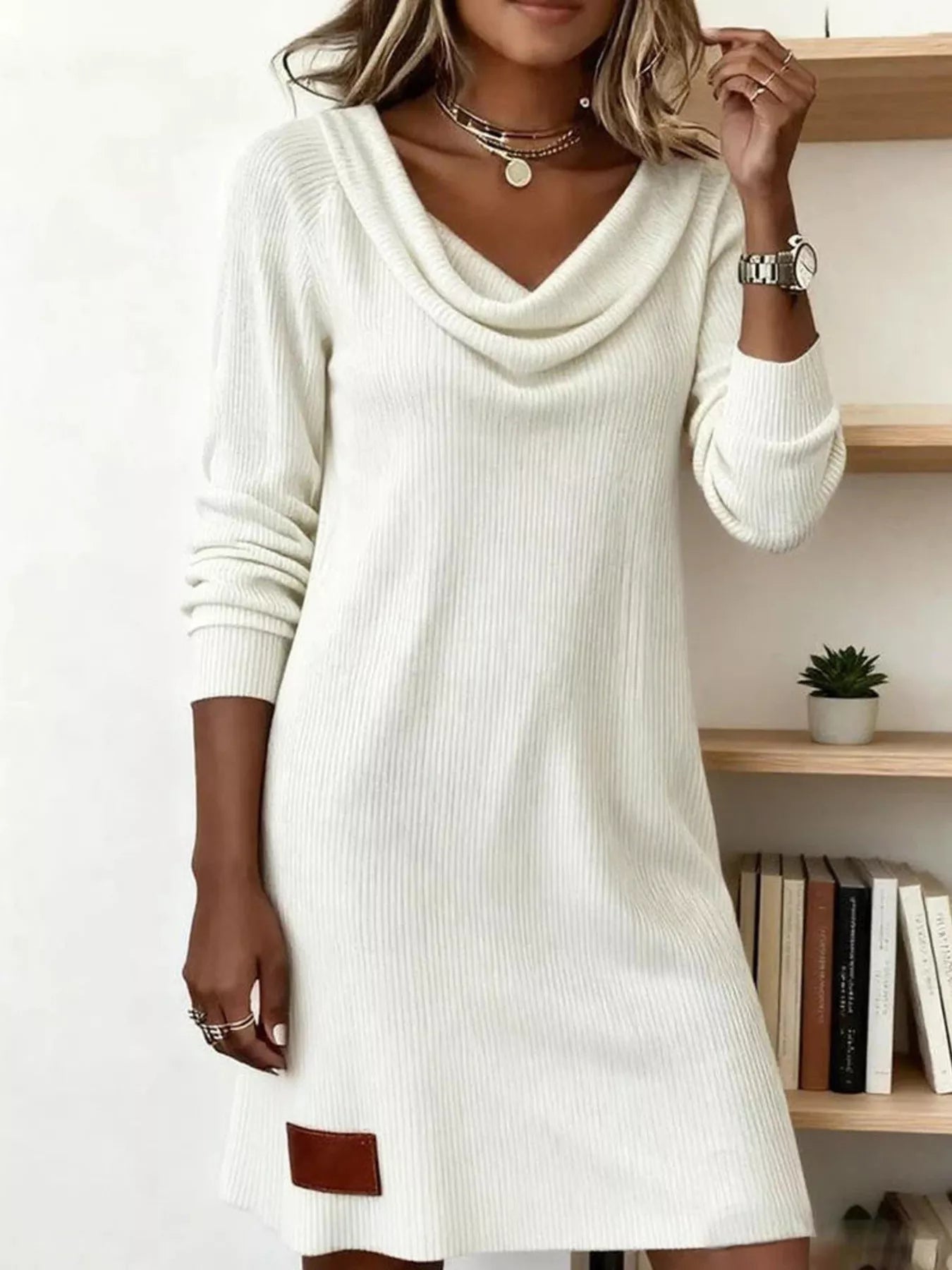 Casual Cowl Neck Ribbed Knit Mini Dress