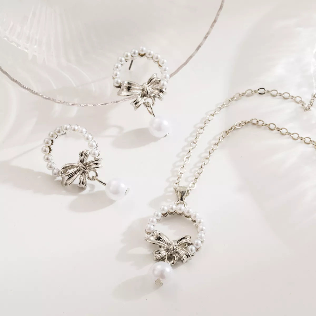 Bowknot Pearl Earrings and Pendant Necklace Jewelry Set