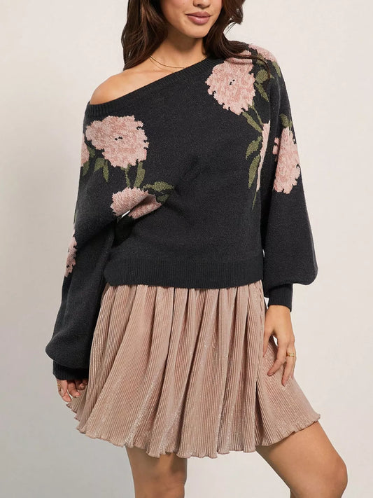 Floral Boat Neck Long Sleeve Sweater