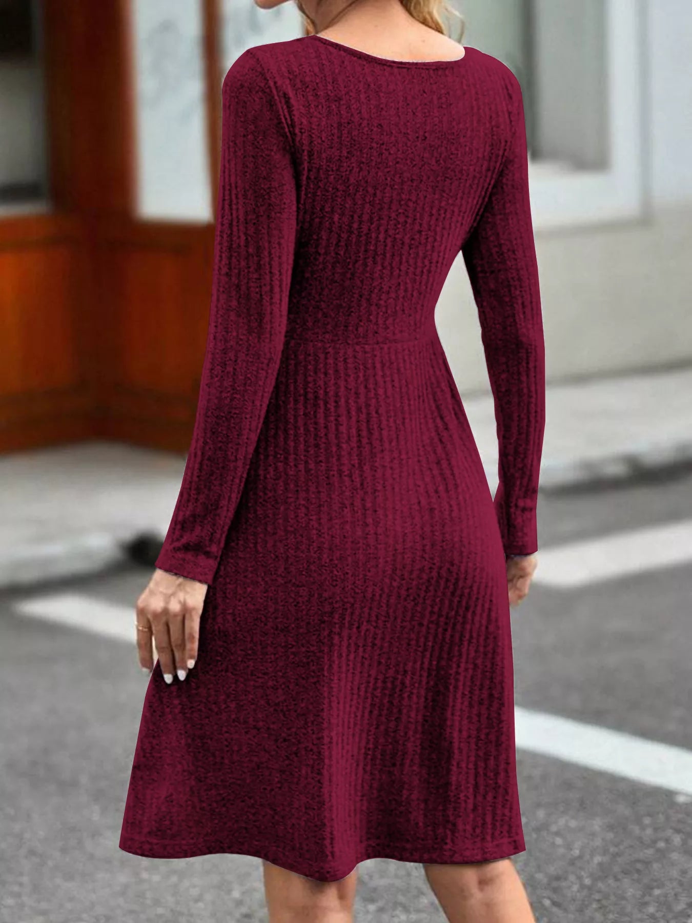 Ribbed Knit Long Sleeve A-Line Dress