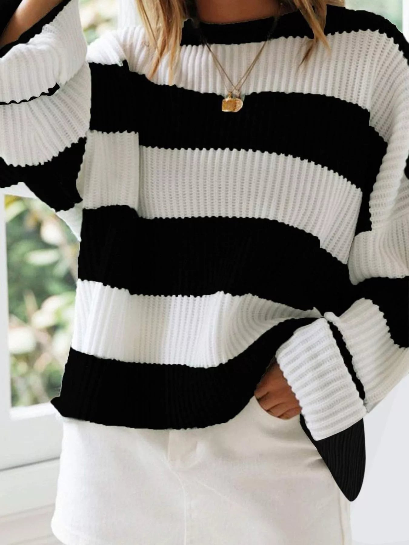 Full Size Contrast Striped Round Neck Sweater Plus Size