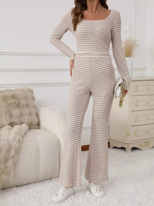 Striped Knit Long Sleeve Top & Flare Leg Pants Set