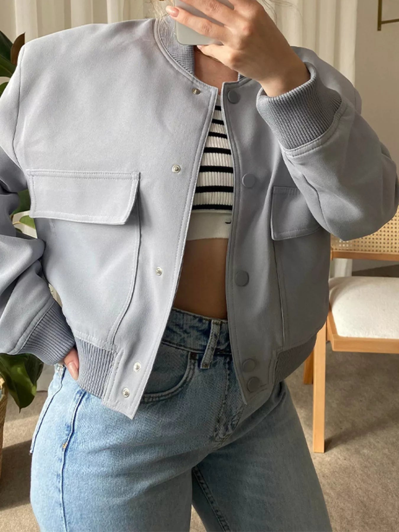 Full Size Snap Down Long Sleeve Jacket Plus Size