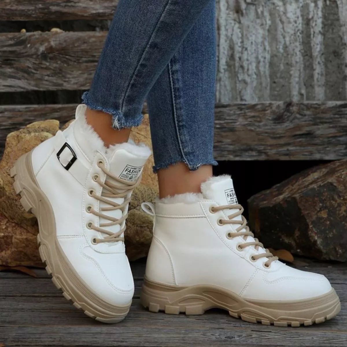 Warm Lined Ankle Boots with Buckle Detail