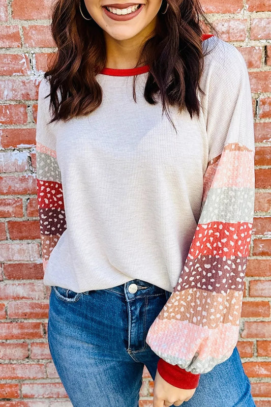 Striped Sleeve Round Neck Blouse
