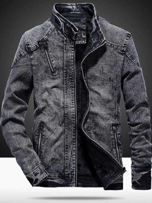 Men's Plus Size Washed Zip Up Denim Jacket