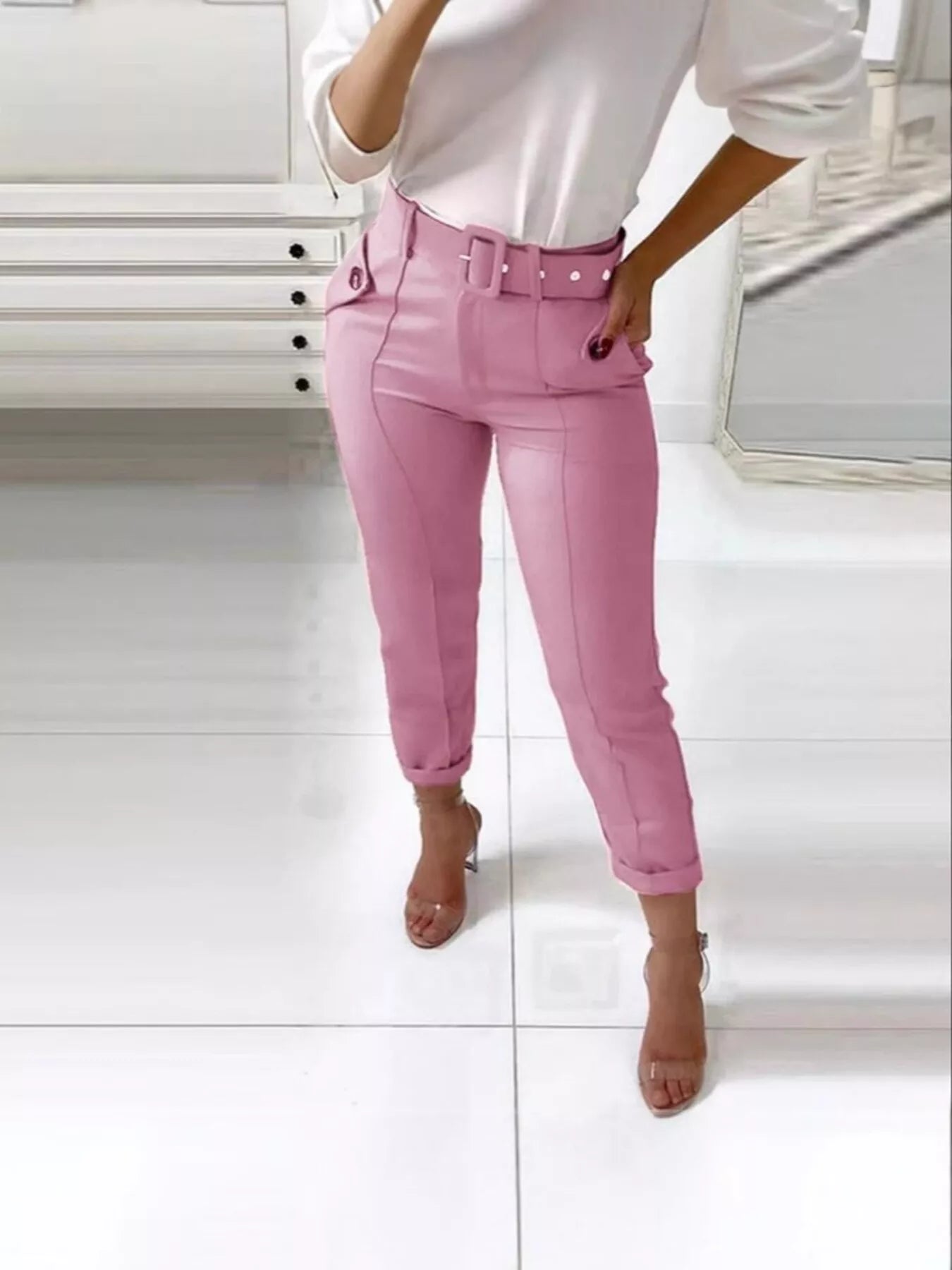 High Waist Belted Slim Fit Ankle Pants