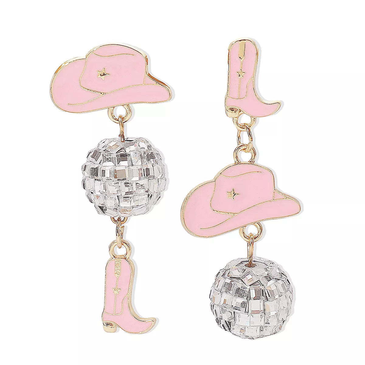 Asymmetrical Cowgirl Boot Hat Ball Dangle Earrings