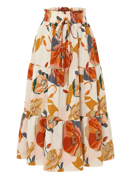 Full Size Floral Print Tiered Ruffle Midi Skirt Plus Size