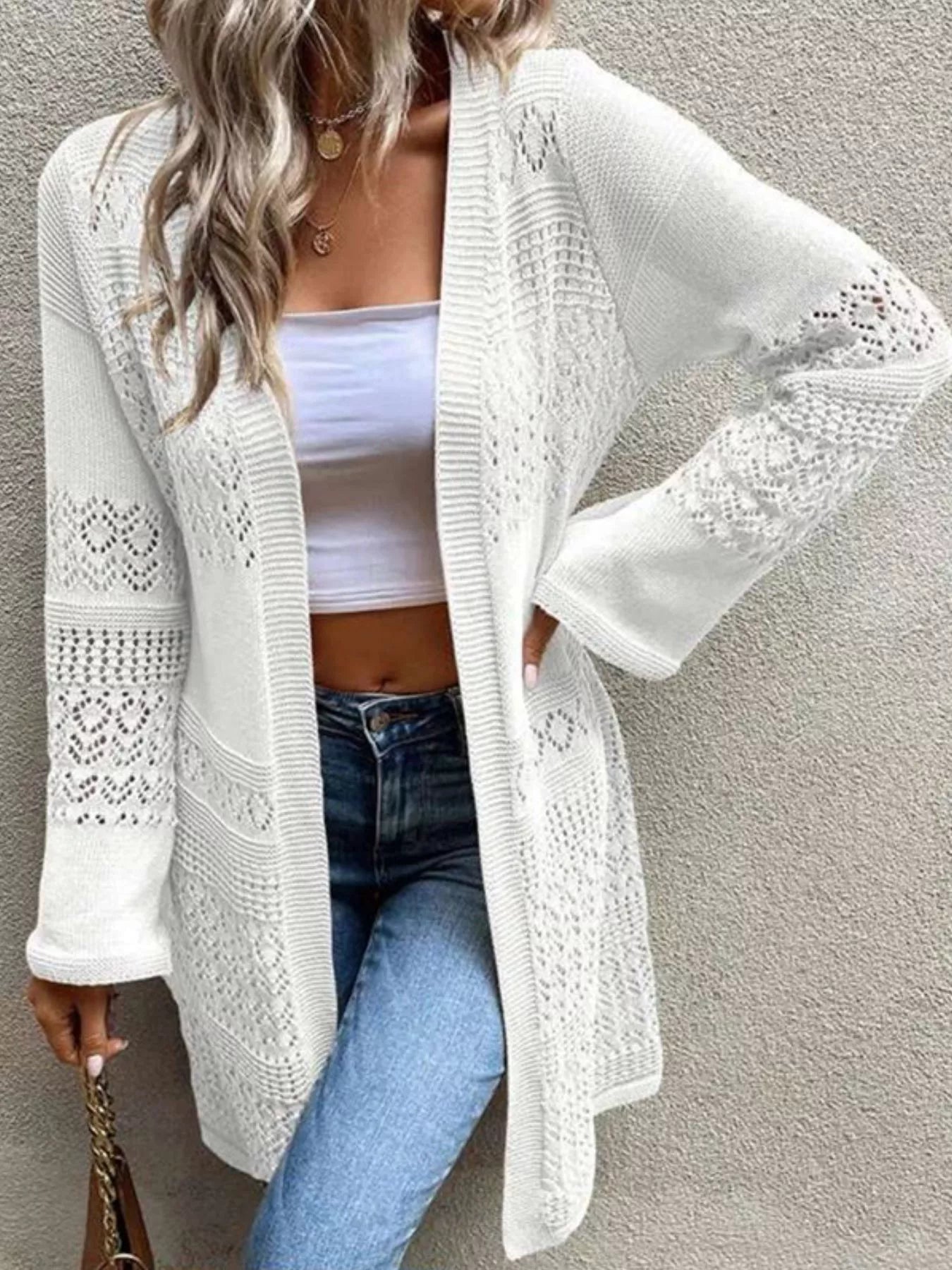 Openwork Open Front Knit Cardigan