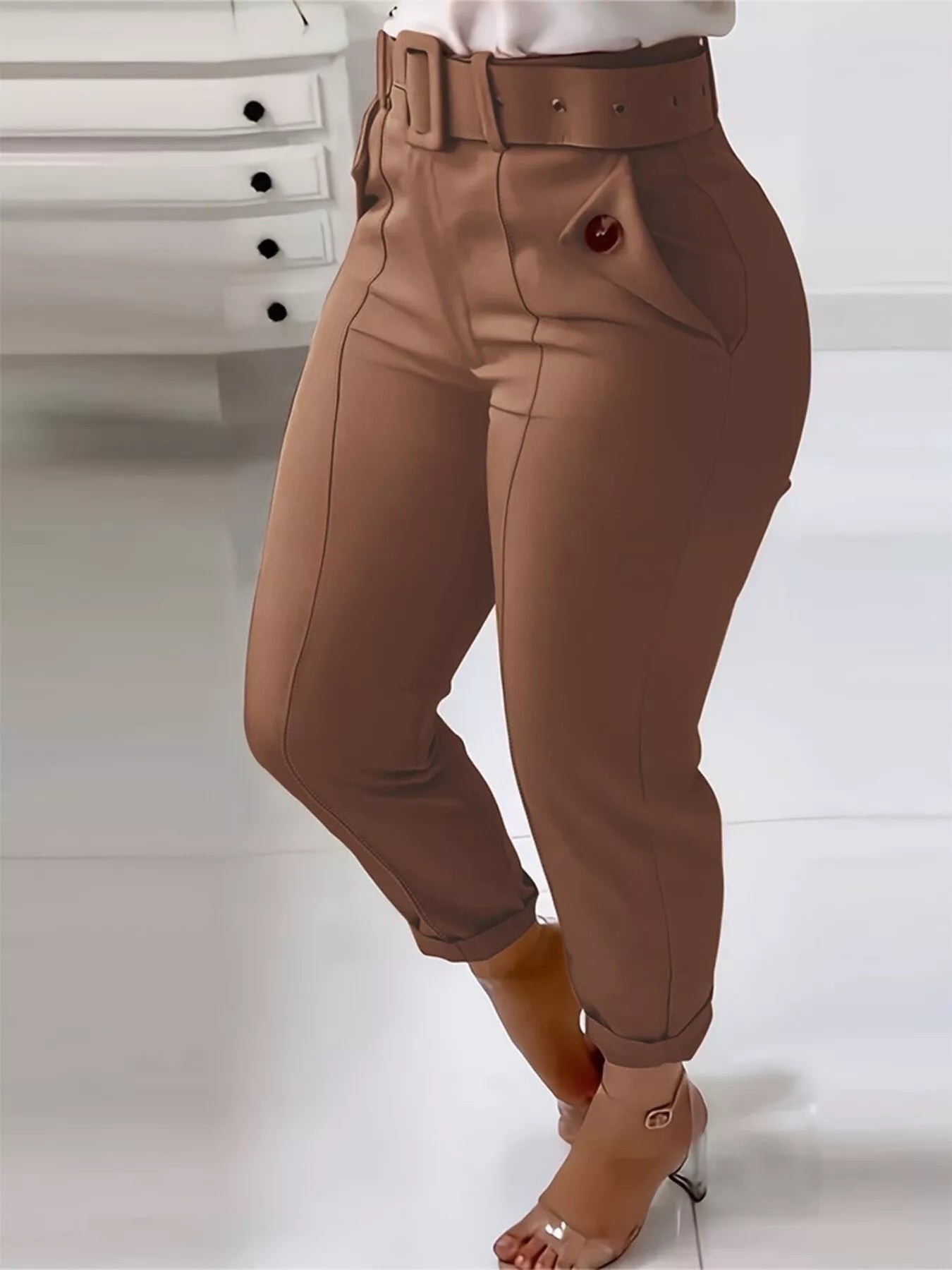 High Waist Belted Slim Fit Ankle Pants