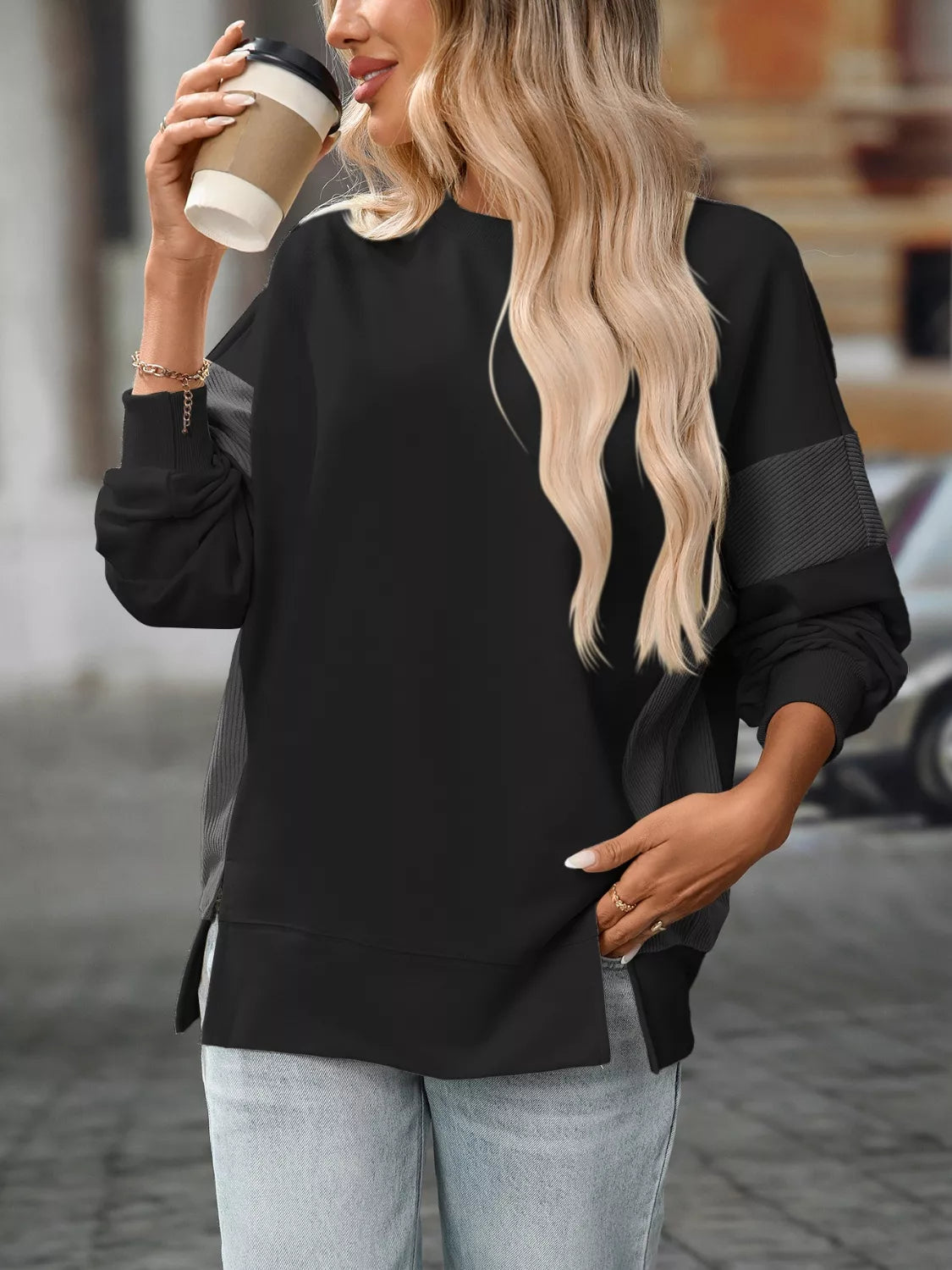 Side Slit Round Neck Sweatshirt