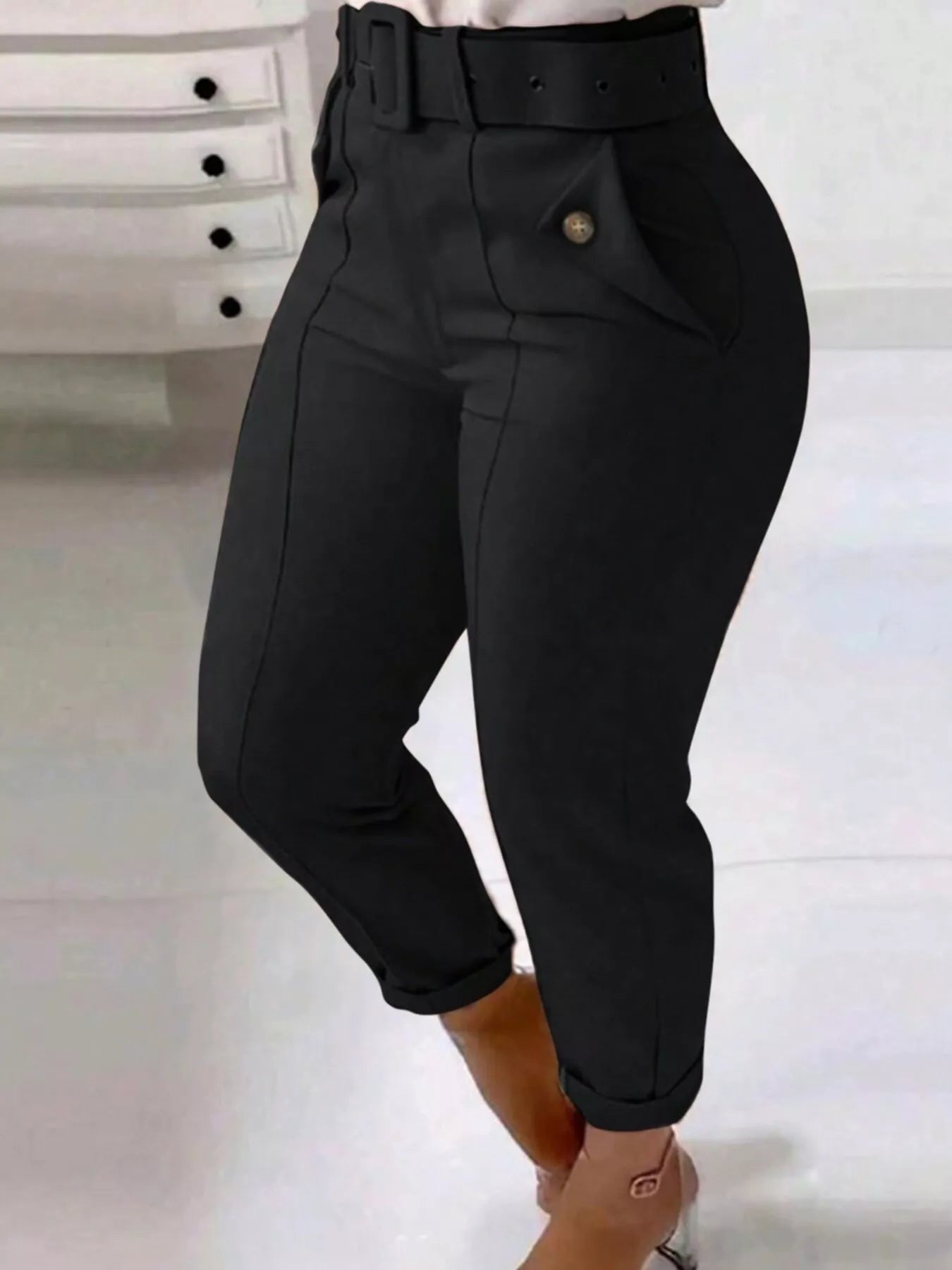 High Waist Belted Slim Fit Ankle Pants