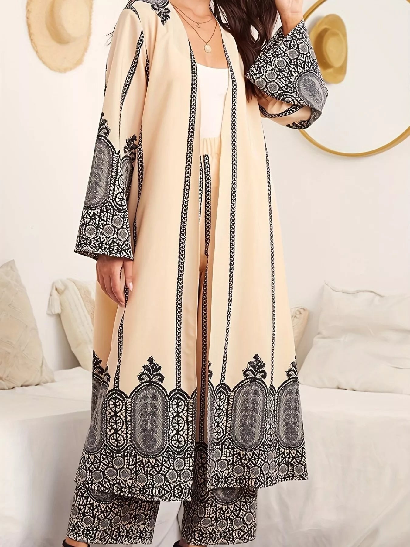 Printed Open Front Long Sleeve Cardigan & Pants Set