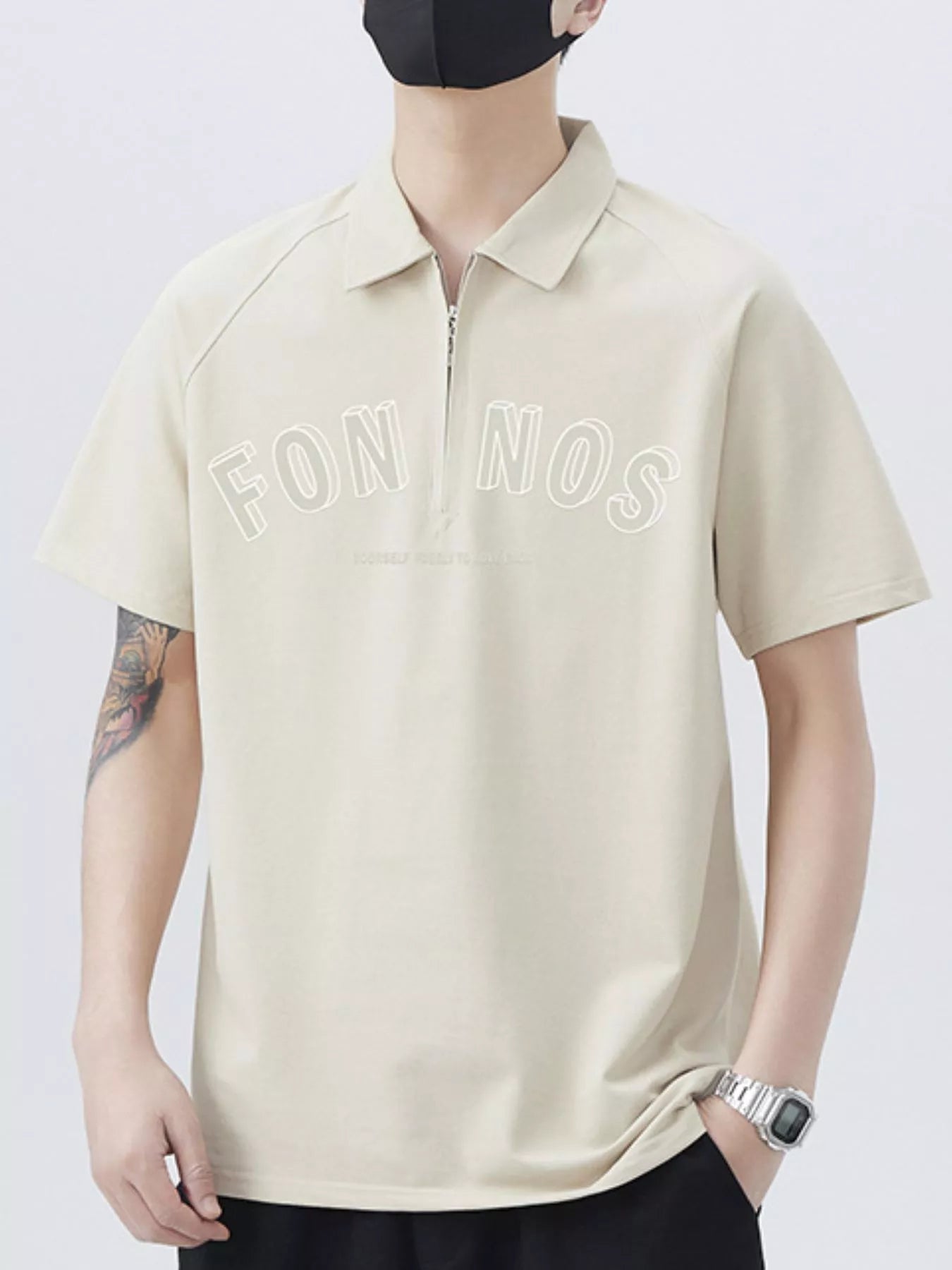 Men's Plus Size Zipper Polo Shirt with Letter Print
