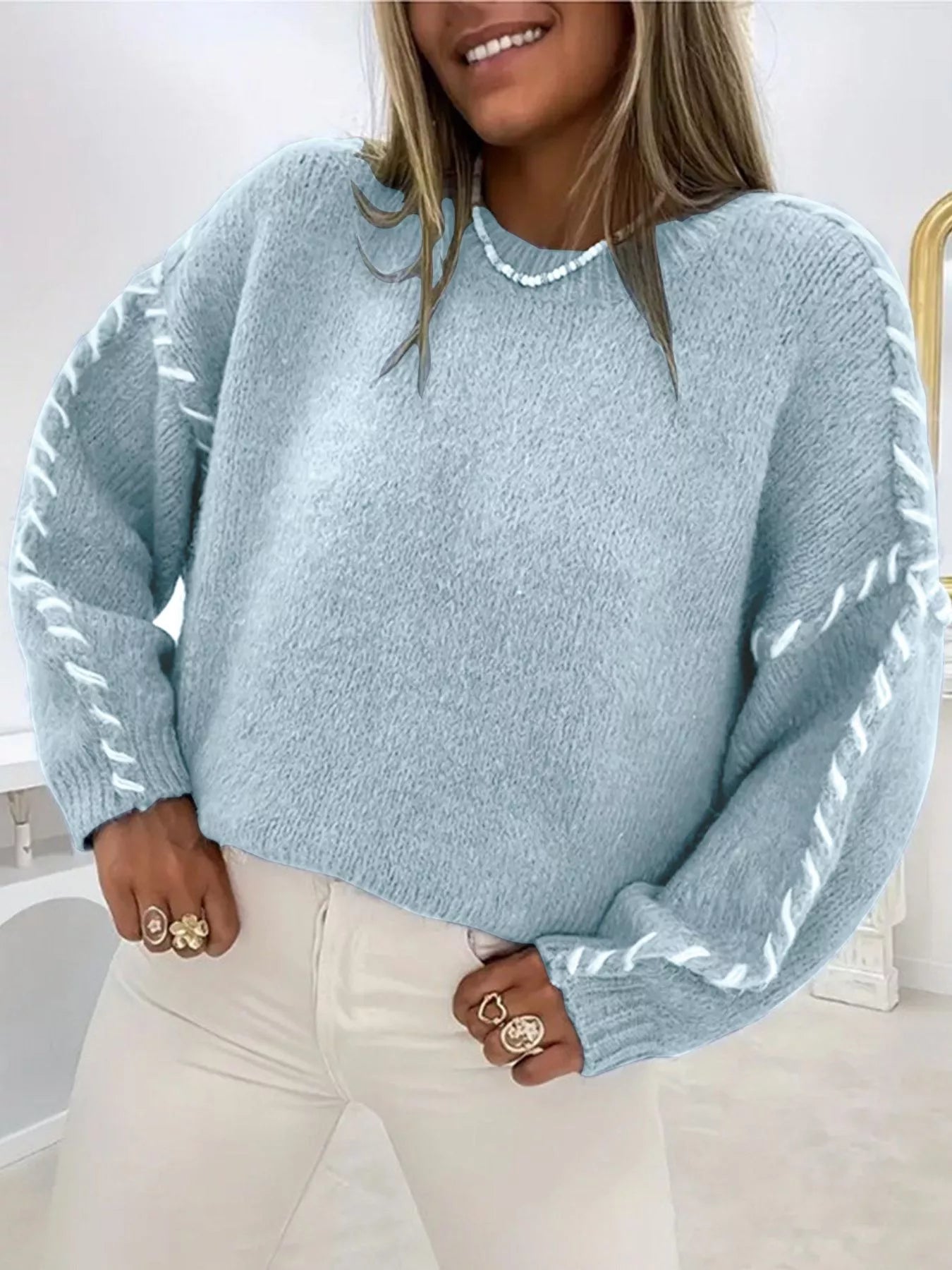 Contrast Stitching Dropped Shoulder Sweater