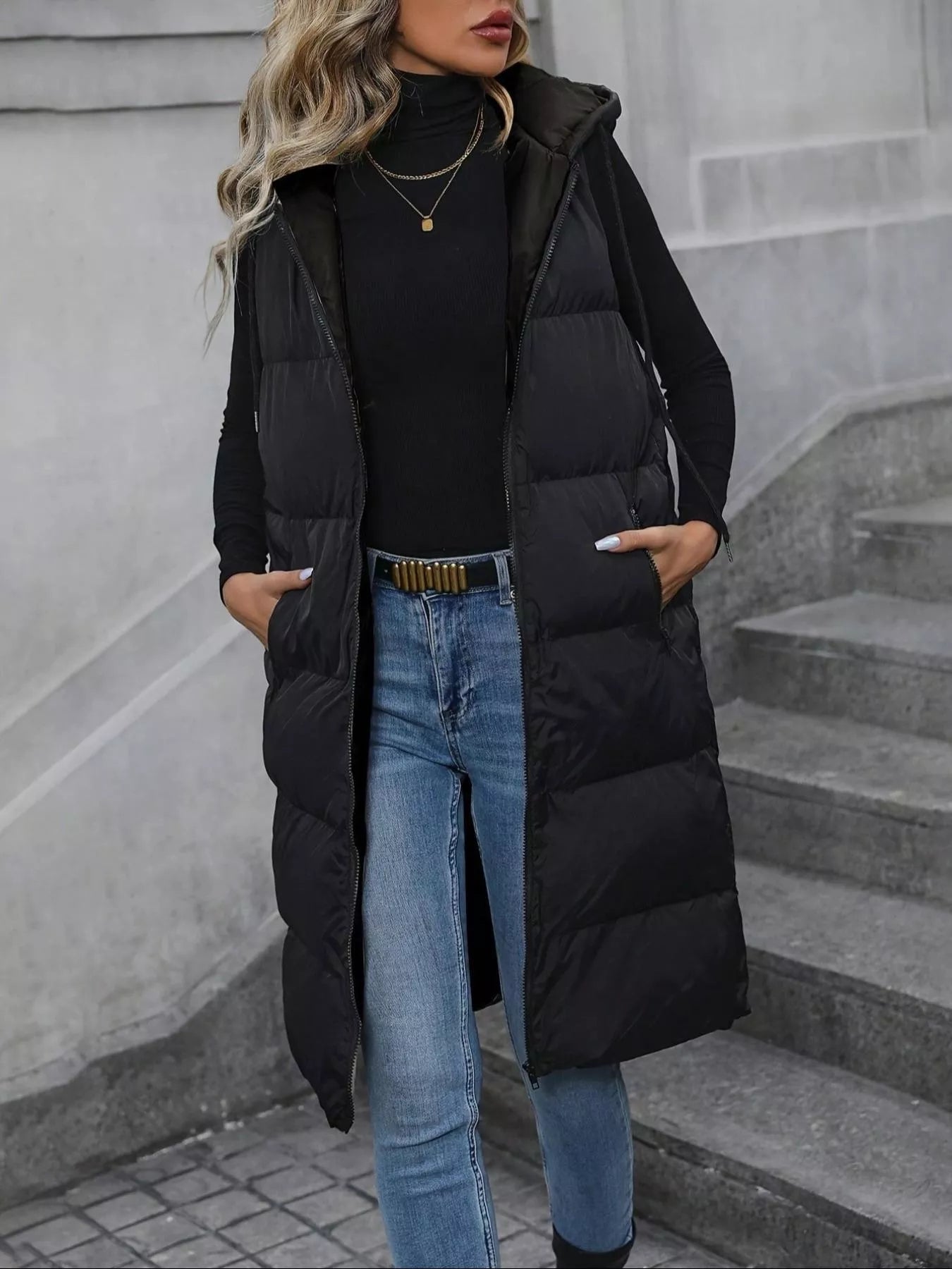 Longline Padded Hooded Vest Coat