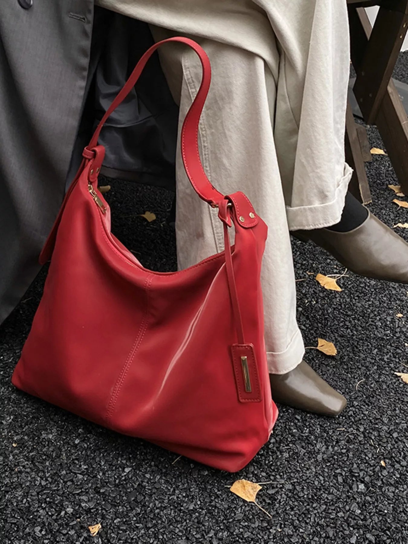 Solid Color Leather Shoulder Bag