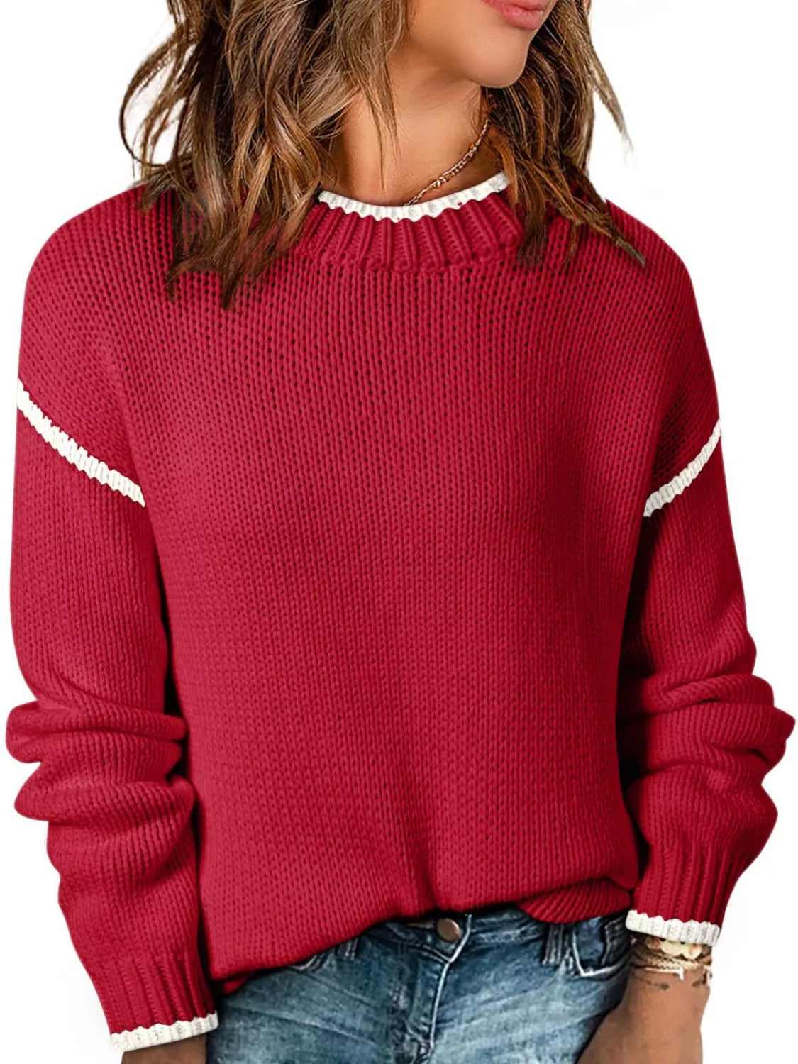 Contrast Trim Round Neck Sweater