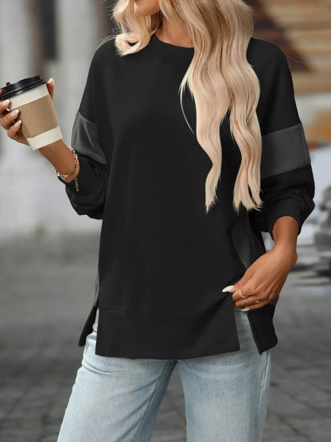 Side Slit Round Neck Sweatshirt